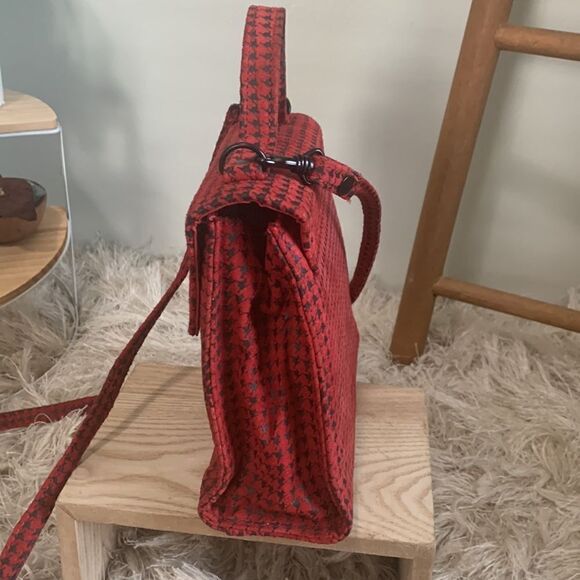 Vintage 80’s Chia Red/Black Leather Houndstooth Crossbody Mini Bag Made In Korea - Picture 4 of 17